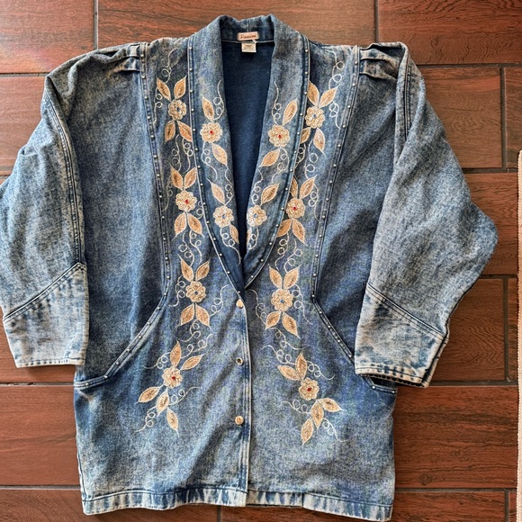 80s Oversized Acid Wash Embellished Studded Denim Jacket Batwing Rhinestone M - Picture 3 of 16